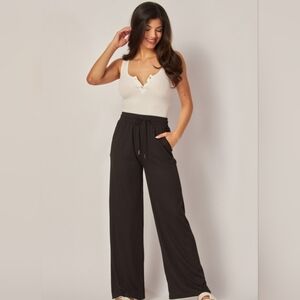 Black Ribbed Drawstring  Wide Leg Lounge Pants